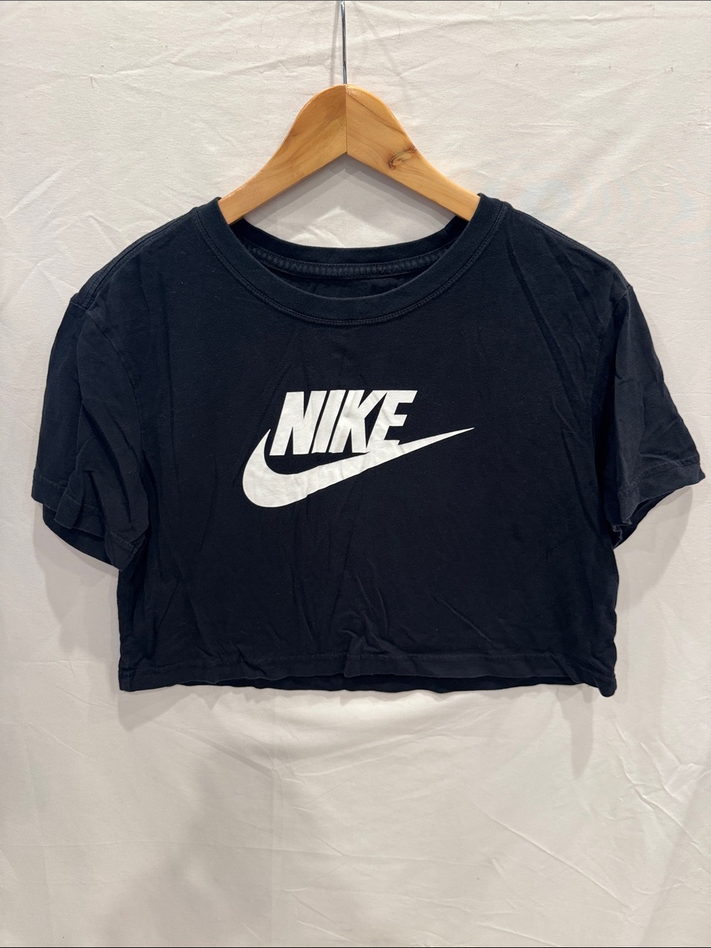 Nike Black Crop Tee with White Swoosh Logo S